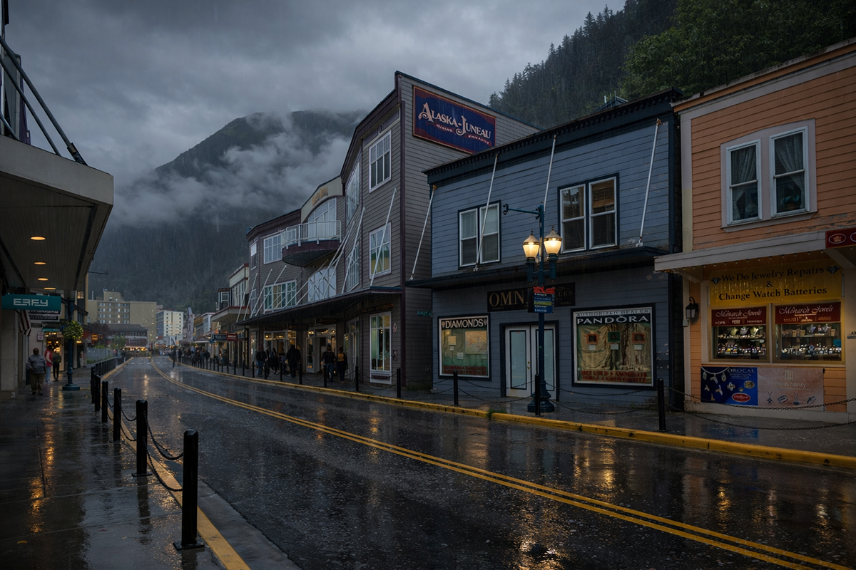 Rainy street scene in downtown Juneau, Alaska with historic storefronts and misty mountains.