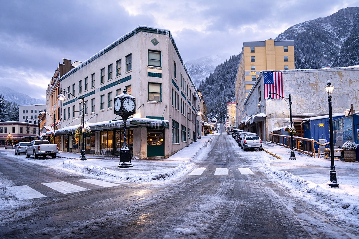 Snow covered downtown Juneau Alaska street with historic buildings, American flag, and mountain backdrop during winter