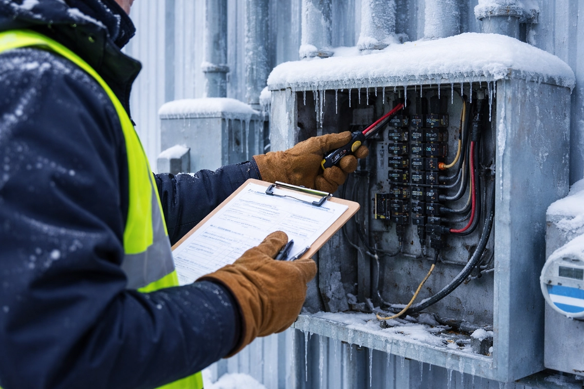Electrician inspecting outdoor electrical panel covered in snow and ice during winter weather conditions