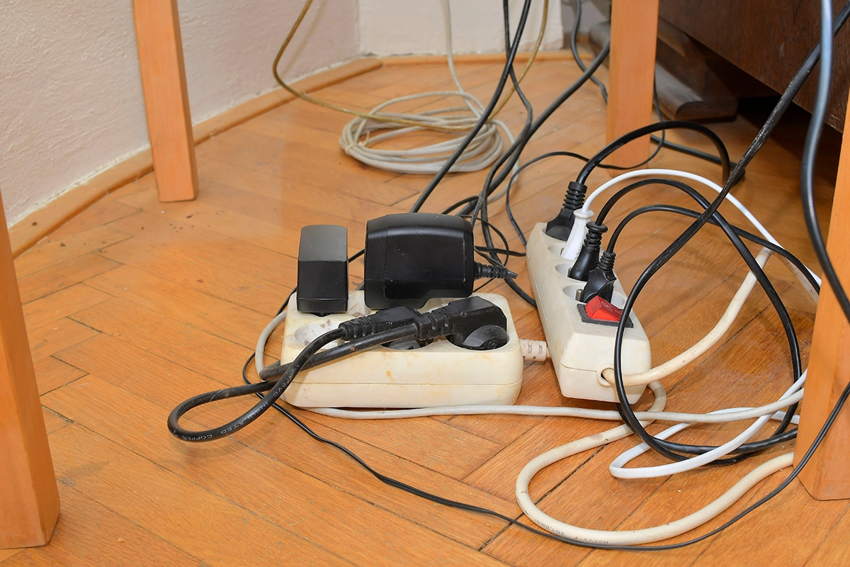 Overloaded power strips and tangled extension cords on hardwood floor creating electrical fire hazard