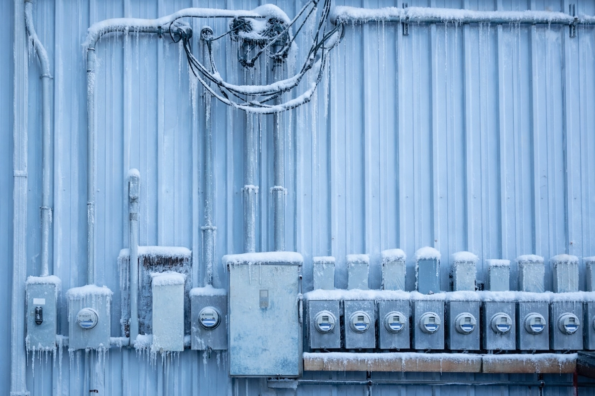 Exterior electrical meters and service panels covered in ice and snow during freezing temperatures