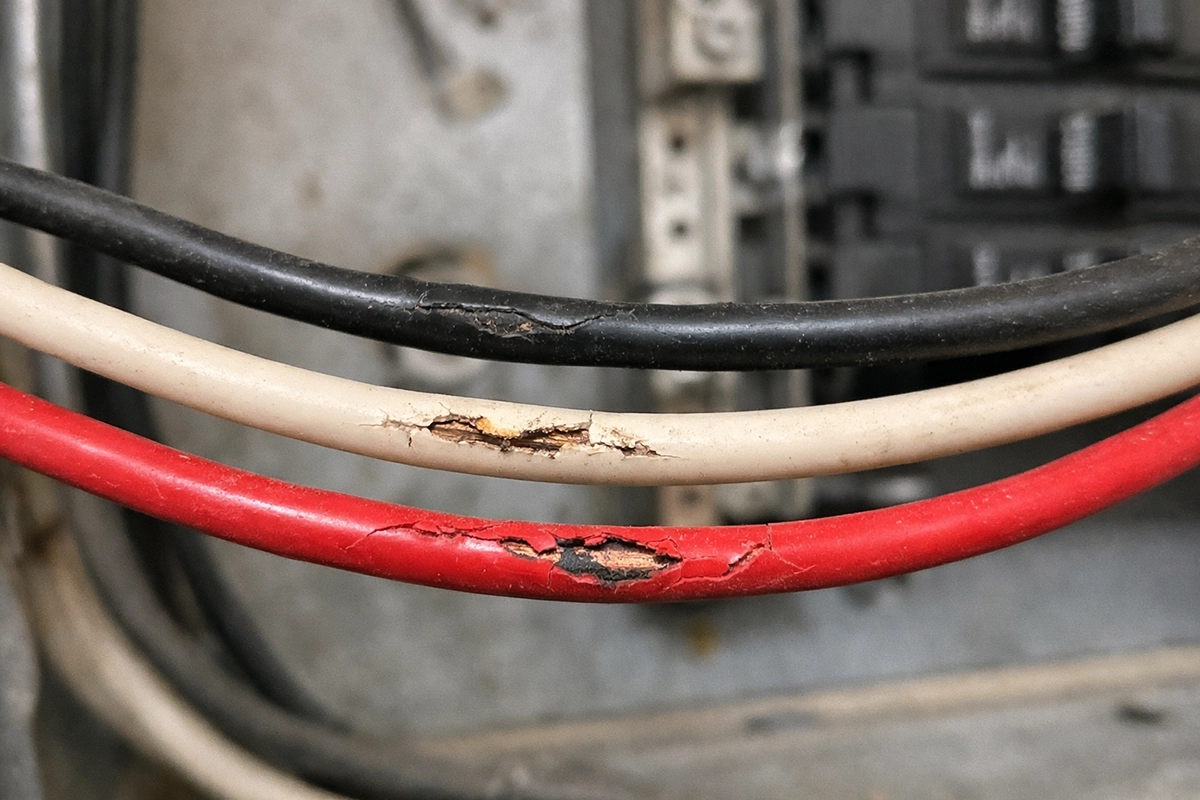 Close up of cracked and deteriorating electrical wire insulation inside breaker panel