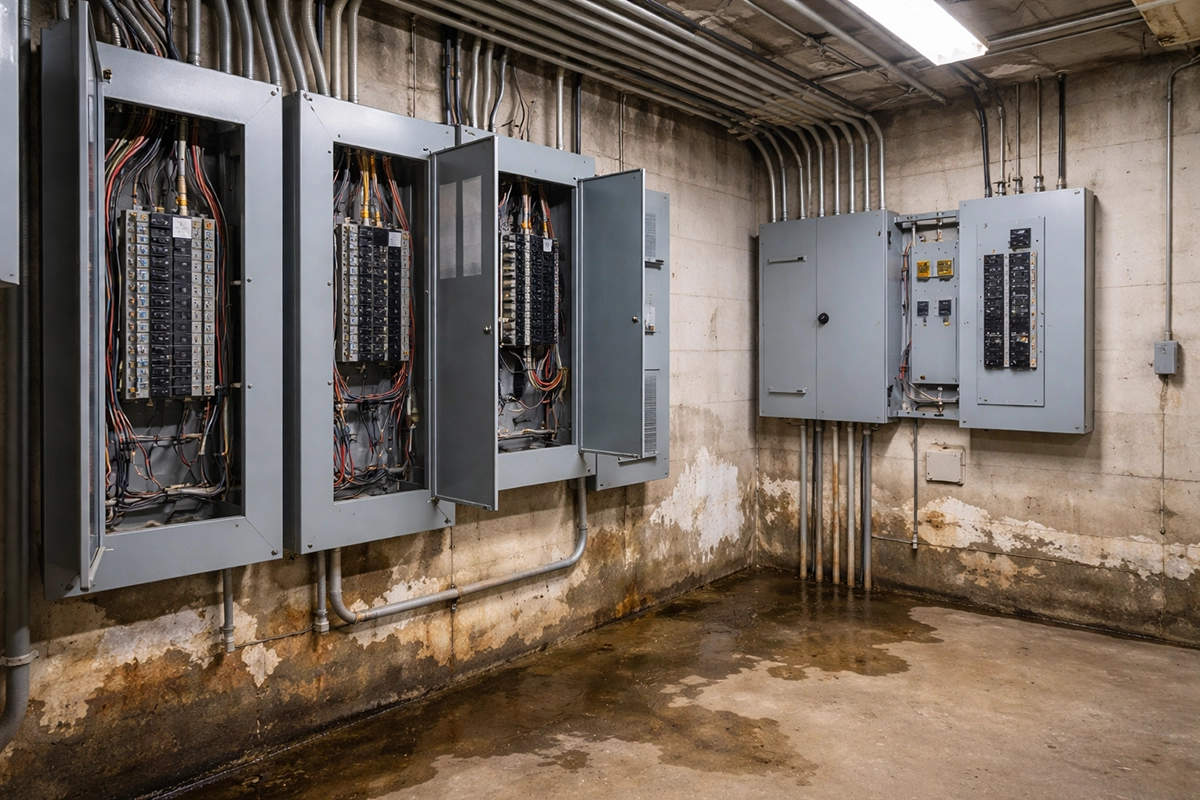 Standing water on concrete floor near open electrical breaker panels in flooded utility room